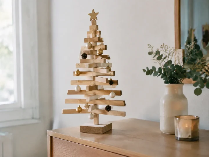 Petit arbre festif en lattes claires debout sur commode