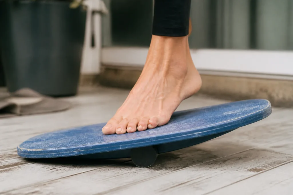 Pied bande sur planche d equilibre bleue