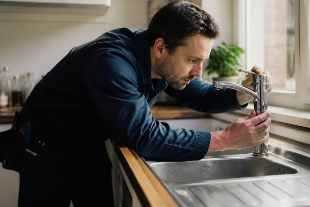 Plombier examinant un robinet dans une cuisine lumineuse