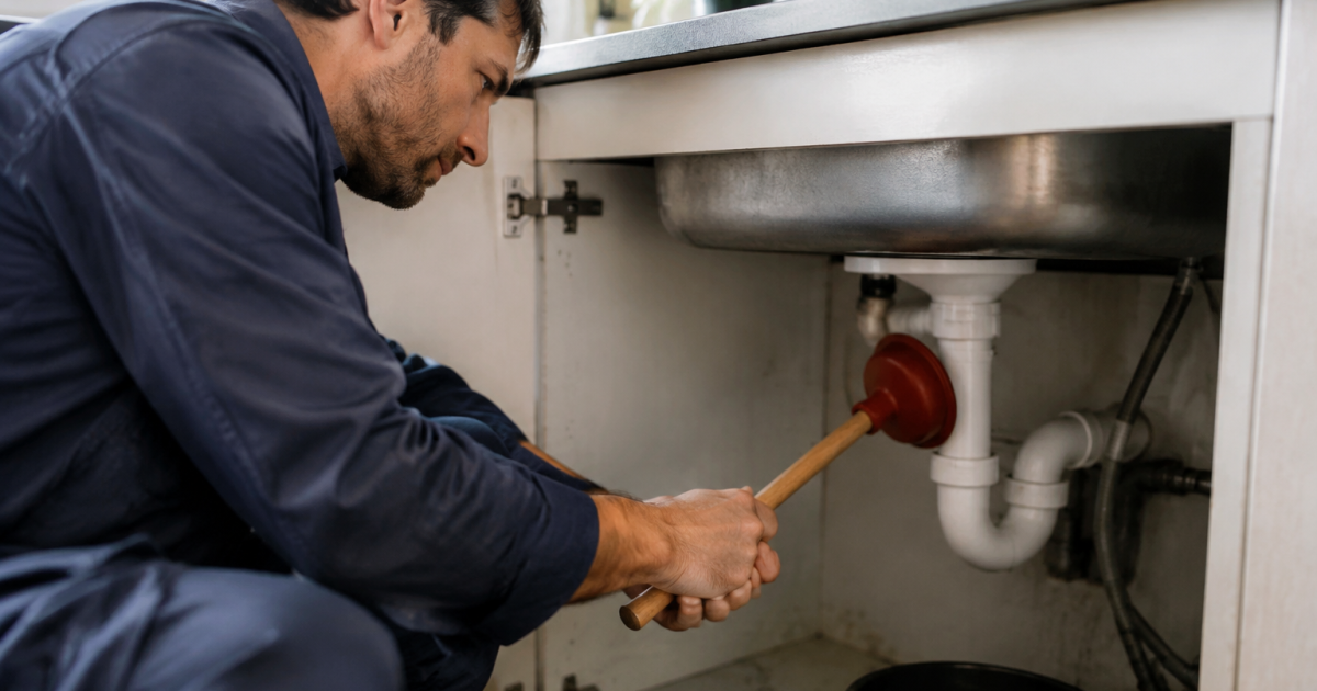 Plombier tenant une ventouse sous un lavabo de cuisine