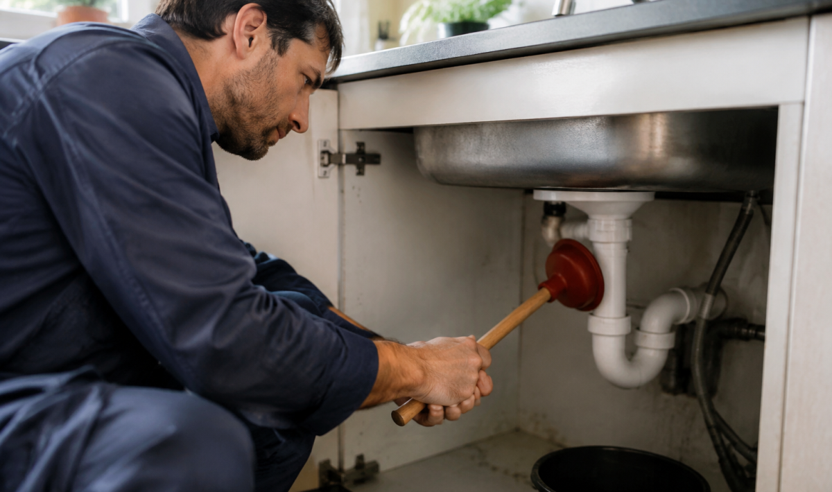 Plombier tenant une ventouse sous un lavabo de cuisine