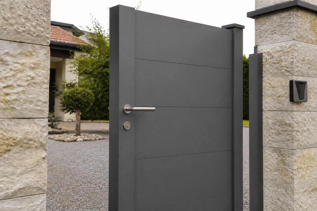 Portail en acier gris quartz avec poignee chromee