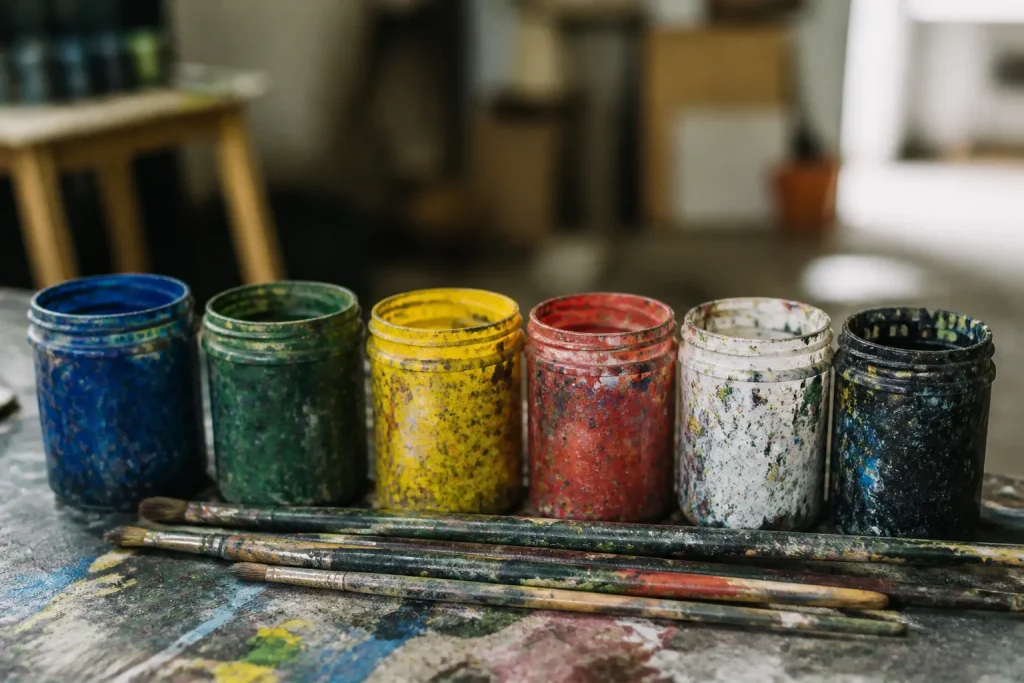 Pots de couleur et pinceaux alignés sur une table