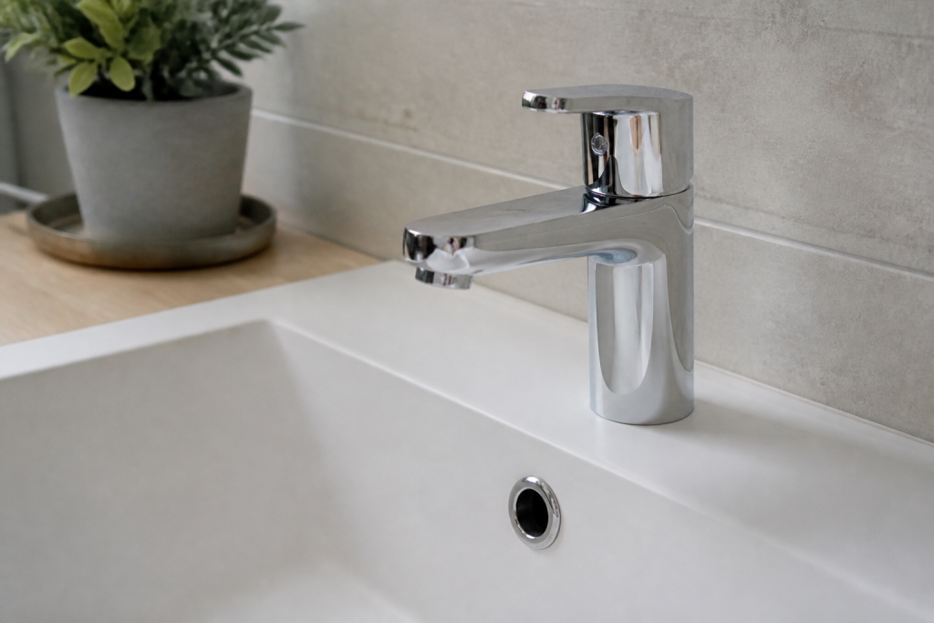 Robinet chrome brillant sur lavabo blanc mat