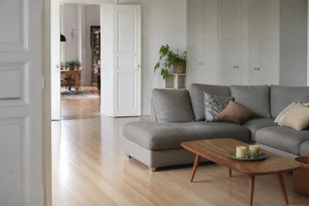 Salon blanc avec parquet clair et canape gris