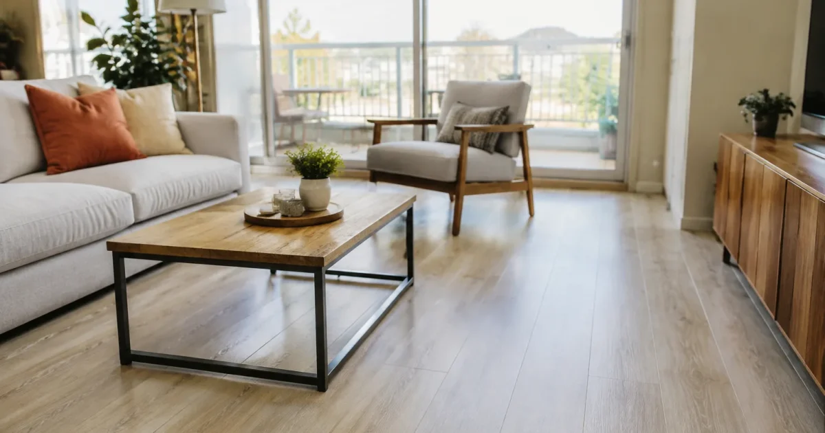 Salon lumineux sol carreaux effet parquet clair