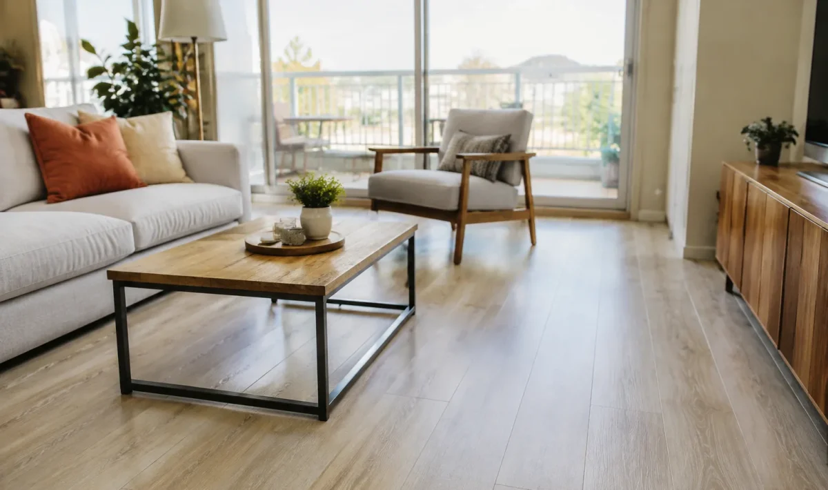 Salon lumineux sol carreaux effet parquet clair