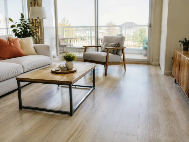 Salon lumineux sol carreaux effet parquet clair