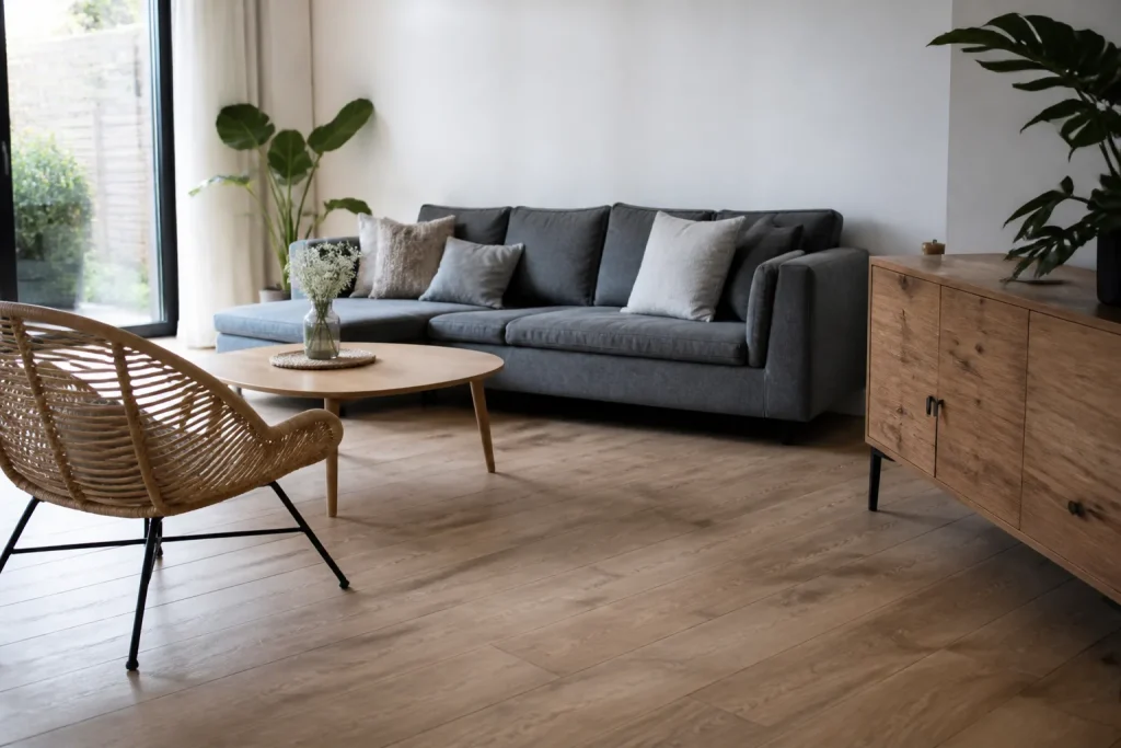 Salon lumineux, sol mat effet bois, coussins gris