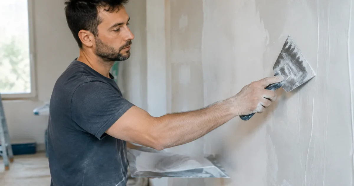 Main tenant spatule etalant enduit blanc sur platre