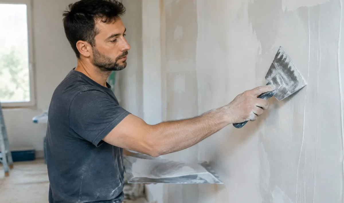 Main tenant spatule etalant enduit blanc sur platre